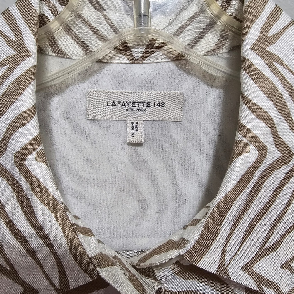Lafayette 148 - Tan & Cream Zebra Print Button Front Long Sleeves Blouse Size S - Picture 3 of 10